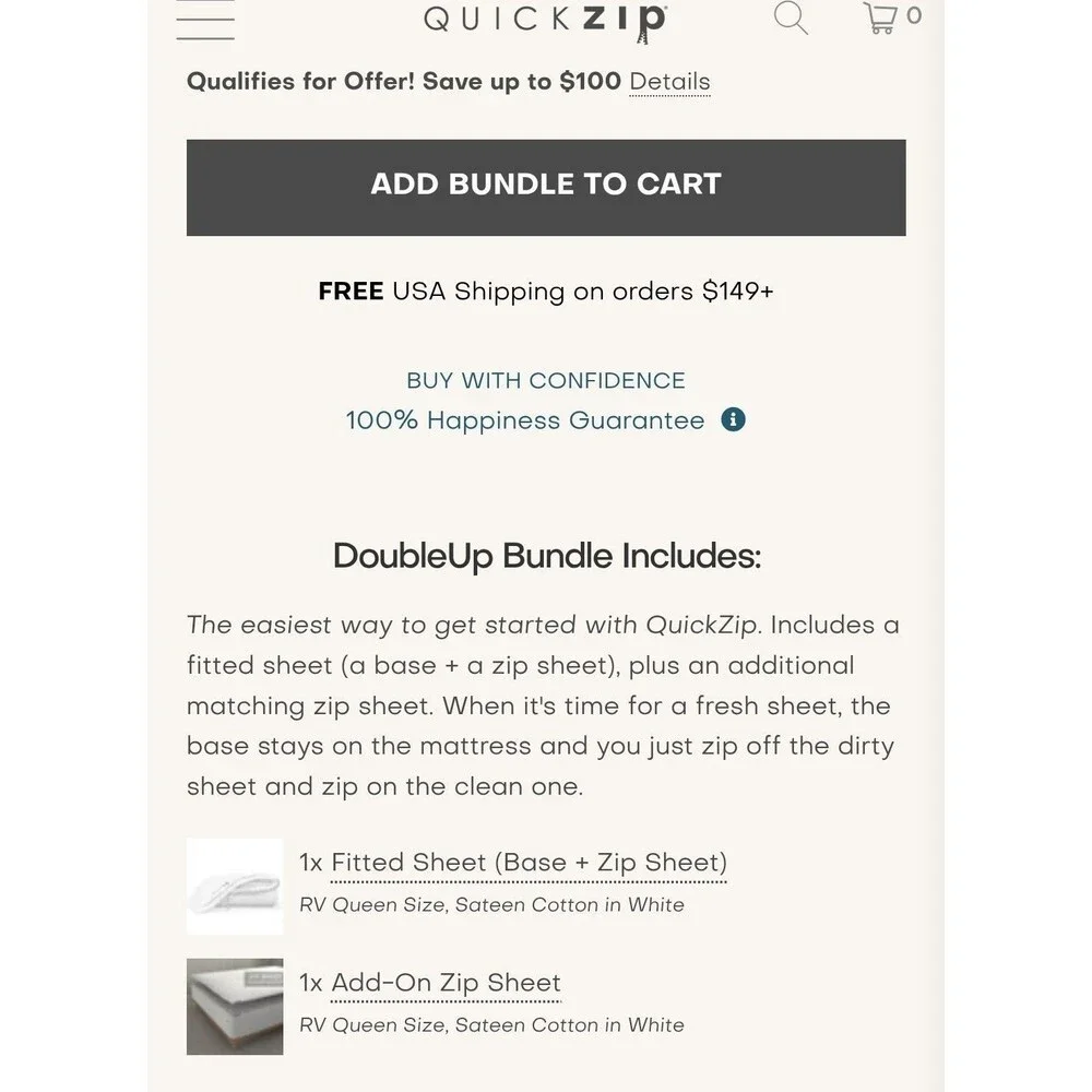 Quick Zip BEDDING Fitted RV Queen Short Sheet Base & ZipOn Sheet Sateen W/Extra